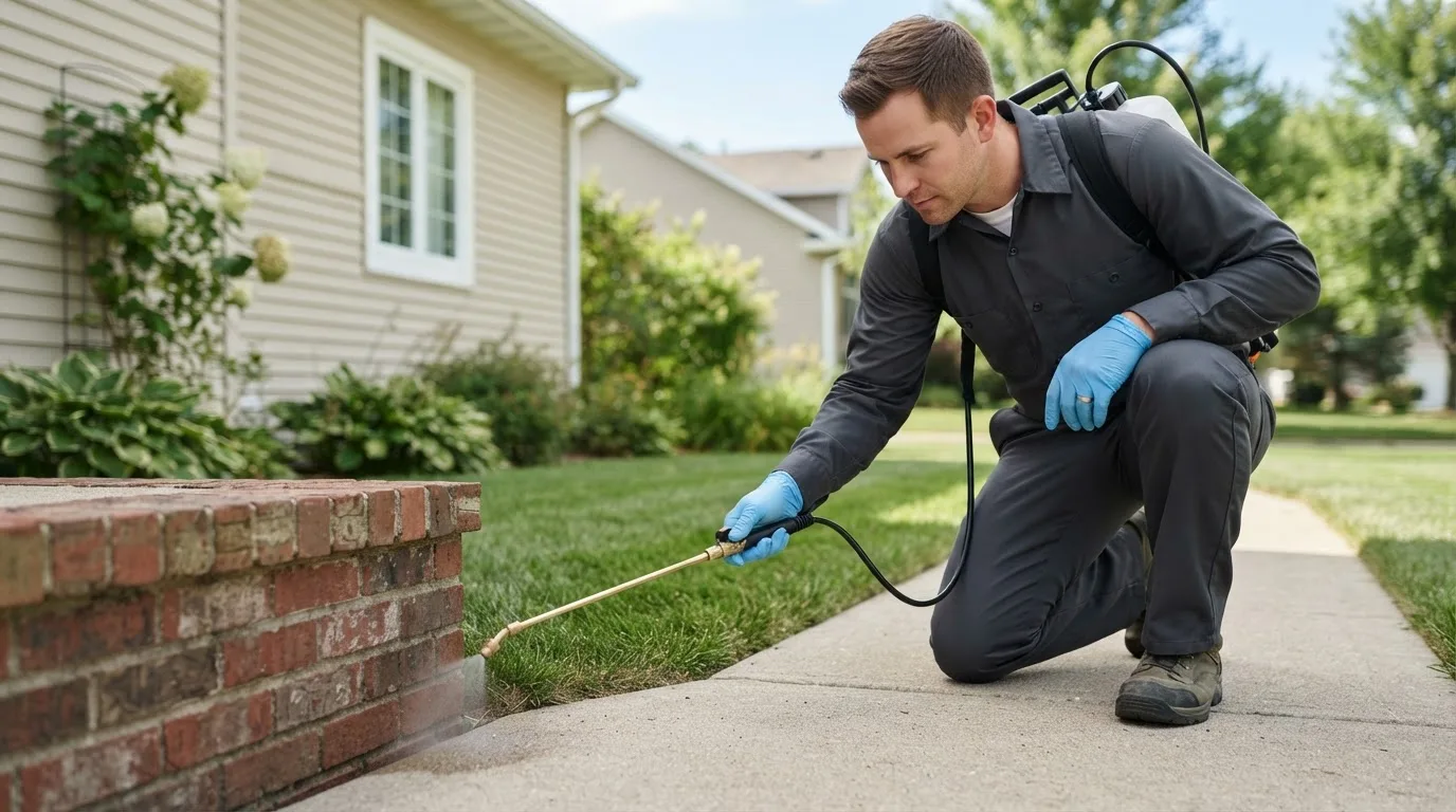 Pest control technician treating a home near Penfield, PA