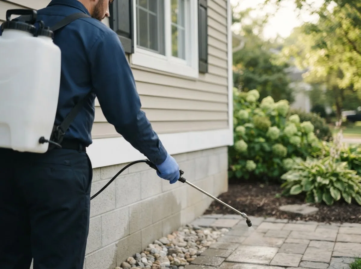 Pest control technician inspecting a home in Penfield, PA